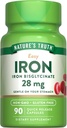 Nature's Truth Iron Supplement for Women and Men | 28 mg | 90 kapsulak | Iron Bisglycinate | Non-GMO, Gluten Free
