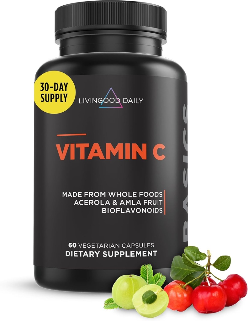 Livingood Daily Vitamin C Supplement, 3-in-1 Whole Food-Based Vitamin C with Acerola &amp; Amla Fruit Extracts and Citrus Bioflavonoids for Immune Support, Vegan, Gluten Free, Non GMO, 60 cápsulas