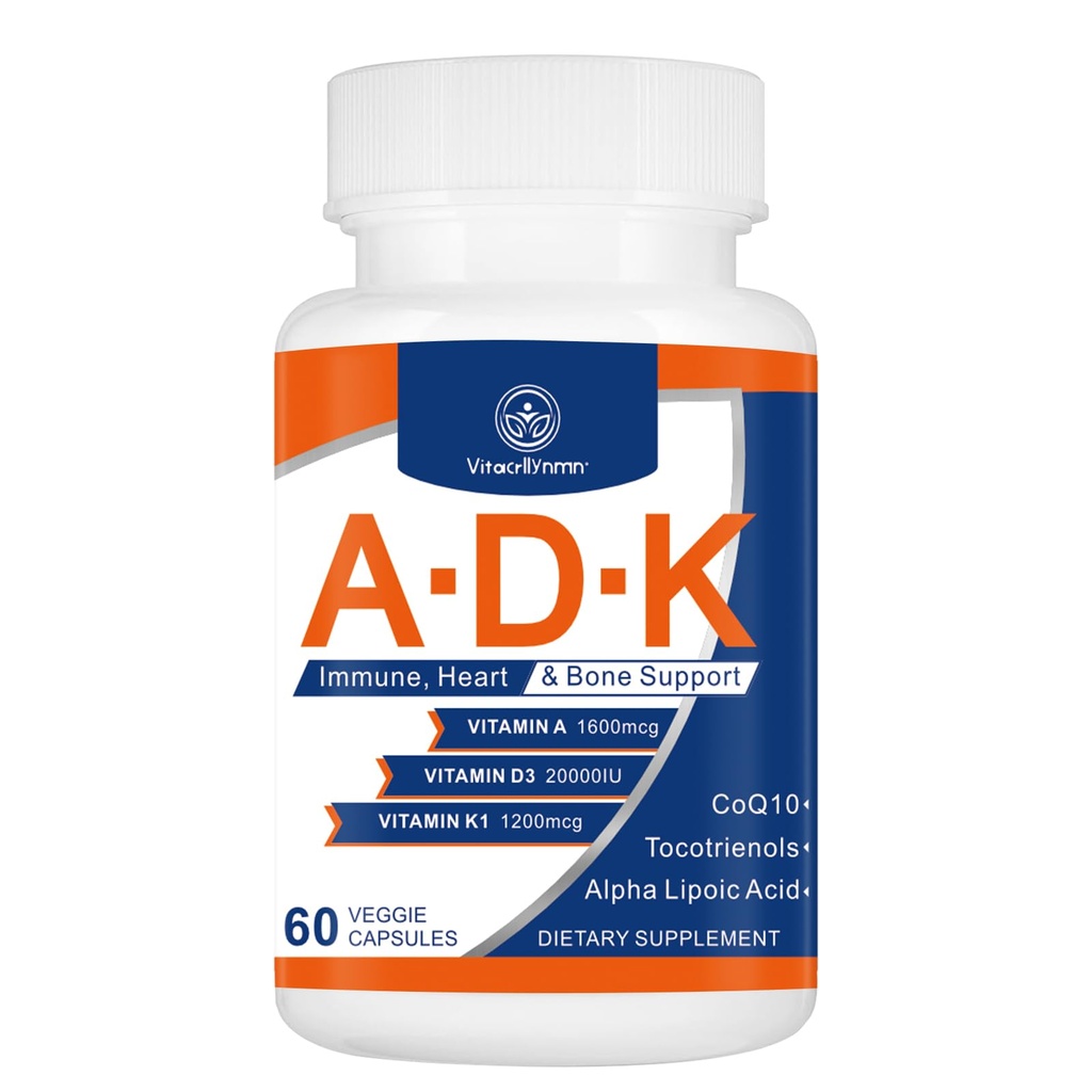 ADK Vitamin Supplement 20000 IU - High Potency Vitamins A, D3 and K1 for Heart, Bone Health and Immune Support Vitamin ADK 60 Capsules