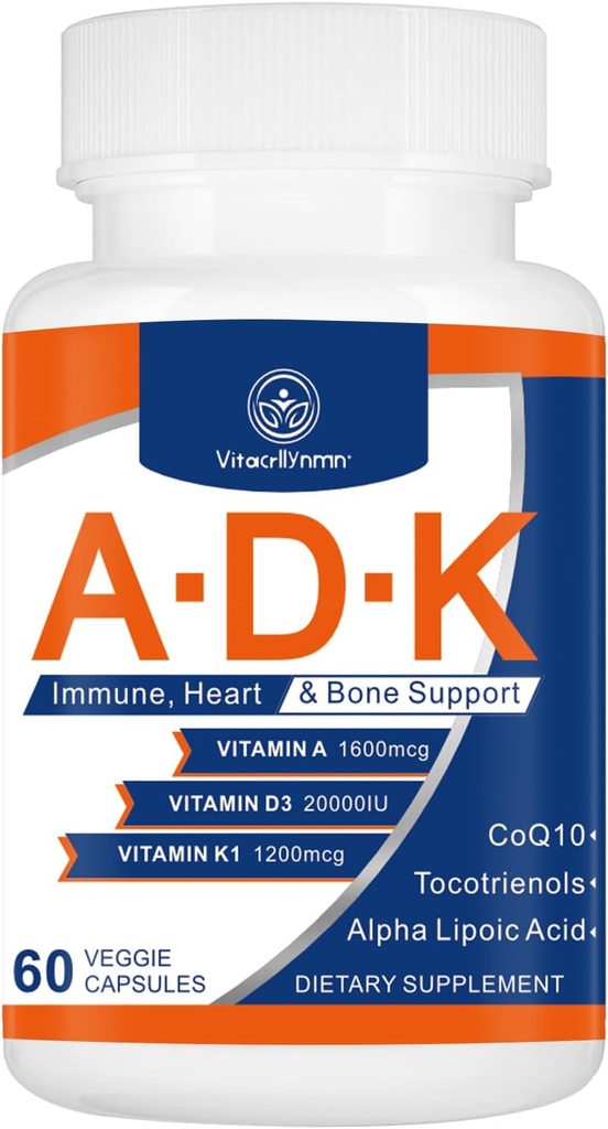 Supplemento di vitamina ADK 20000 IU - Vitamine ad alta potenza A, D3 e K1 per il cuore, Salute e Supporto immunitario Vitamina ADK 60 capsule