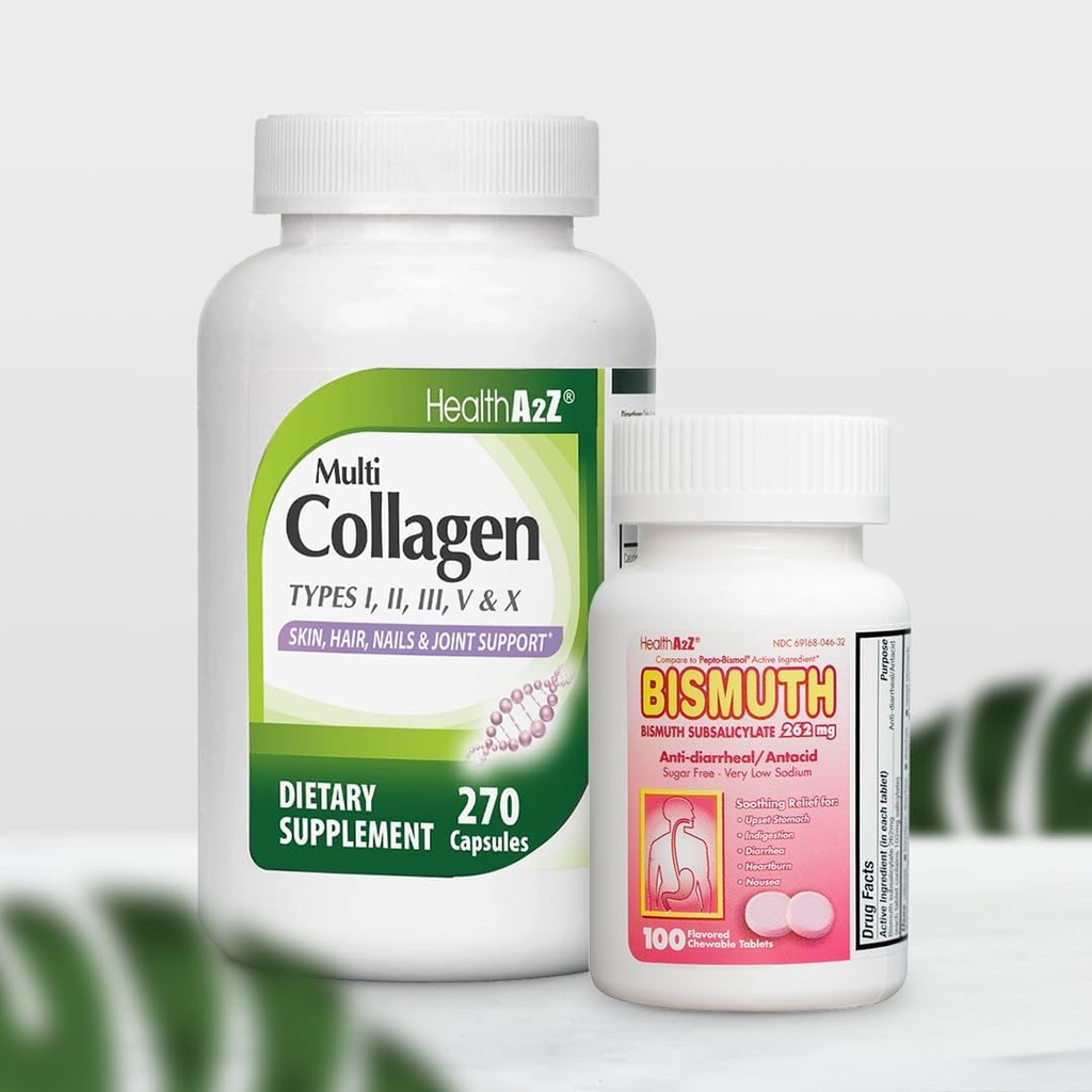 HealthA2Z® Mega Savings Bundle - Vismutti Subsalisylaatti 262 mg (100 tablettia) & Multi Collagen Pillerit, 1735 mg (270 kollageenikapselia)