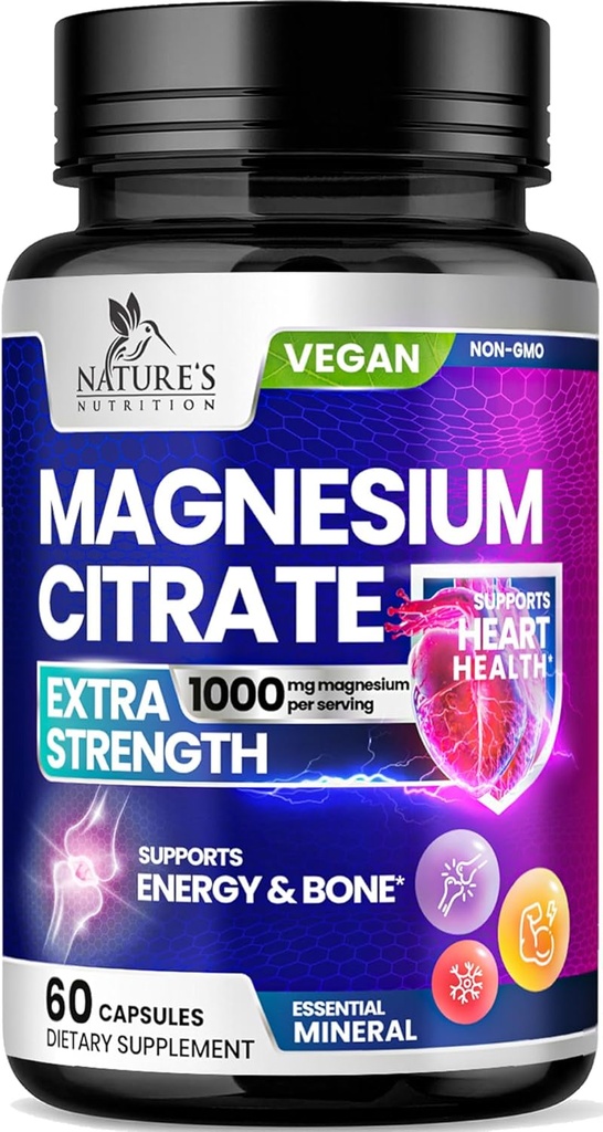 Magnesium Citrat Supplement piller 1000 mg - 3X Styrke Magnesium Kosttilskudd for bein, Muskel, hjerte, Naturens søvn støtte for menn og kvinner, Vegansk Mag Mineral, Ikke-GMO, Flasket i USA, 60 Kapsler