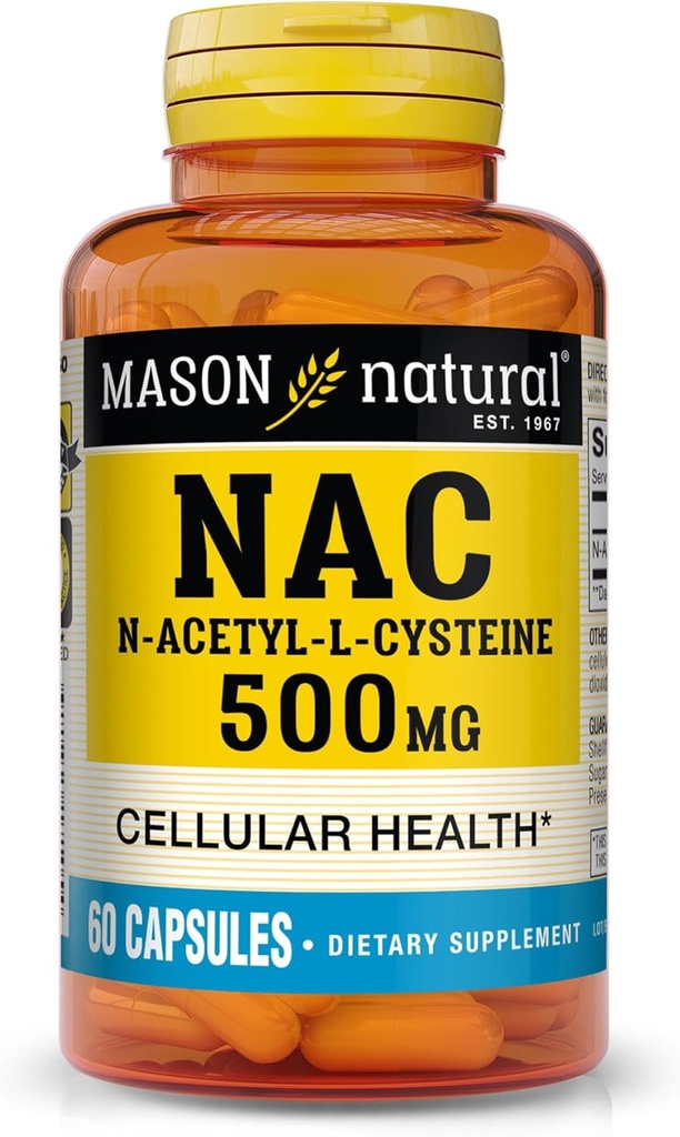 MASON NATURAL NAC N, Acetyl, L, Cysteine 500 mg, 2 Bulan Supply, Menyediakan Kesehatan Sel Normal, Imune System Booster untuk Jenderal Wellness, 60 Capsules
