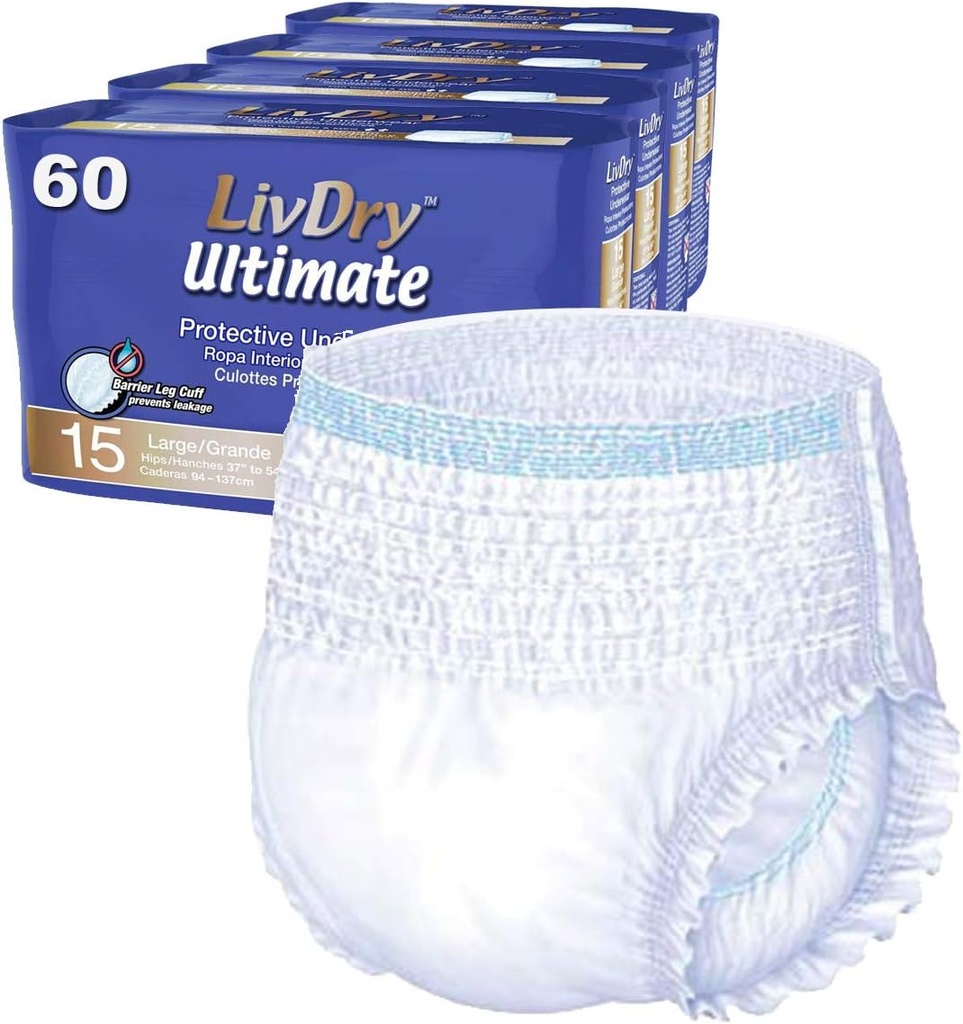 LivDry Big Ultimate Inkontinence Underwear, High Absorbency, Leak Cuff Protection, L, 60- Pack