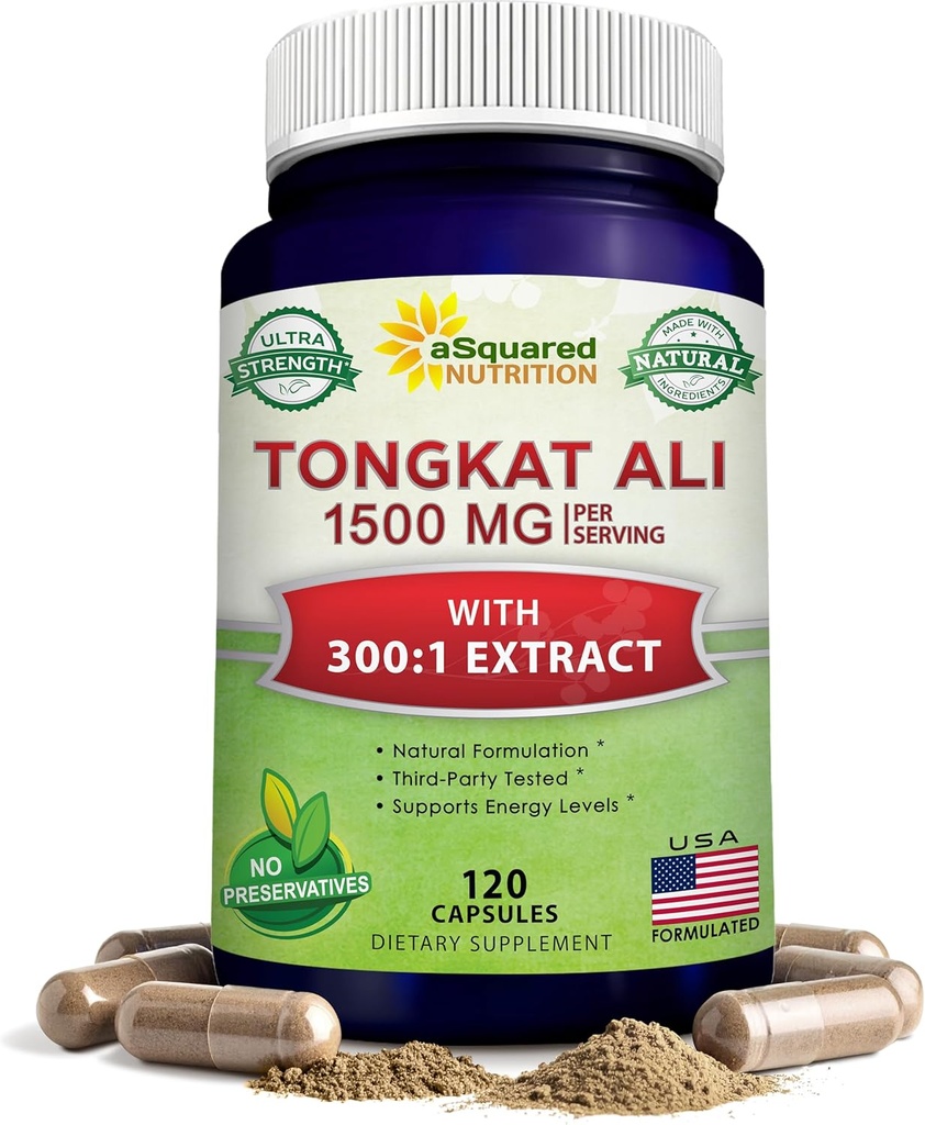 aSquared 영양 Tongkat Ali 1500mg - 120 캡슐 - Longjack (Eurycoma Longifolia) 추출물 보충교재 & 긴 잭 뿌리 분말 알약 - 남자 & 여자를 위한 Tongkat Ali