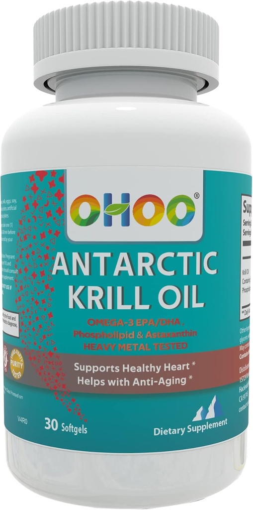 OHOO Antarctic Krill Oil 500mg Omega-3 EPA & DHA Supplement, Phopholipids, Antioxidant Astaxanthin, Supports Healthy Heart and Anti-Aging Supplement with No Fishy Aftertaste, 30 Softgels