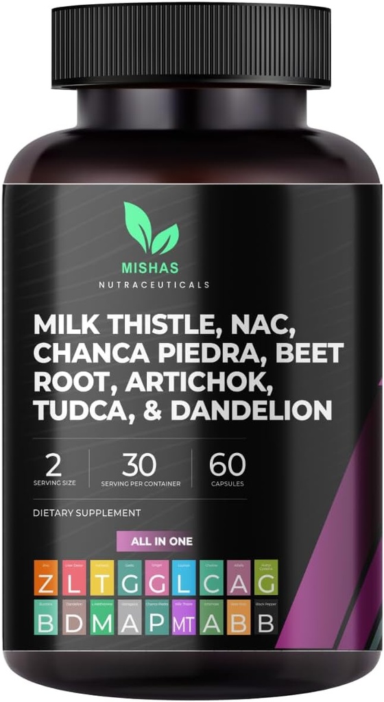 Mishas Nutraceuticals Milk Thistle Dandelion Root, NAC ו-TUDCA תוסף - תומך בריאות Liver, Liver Cleanse Detox, Kidney ו- Respiratory Health & Digest - 60 קפסולות טבעוניות