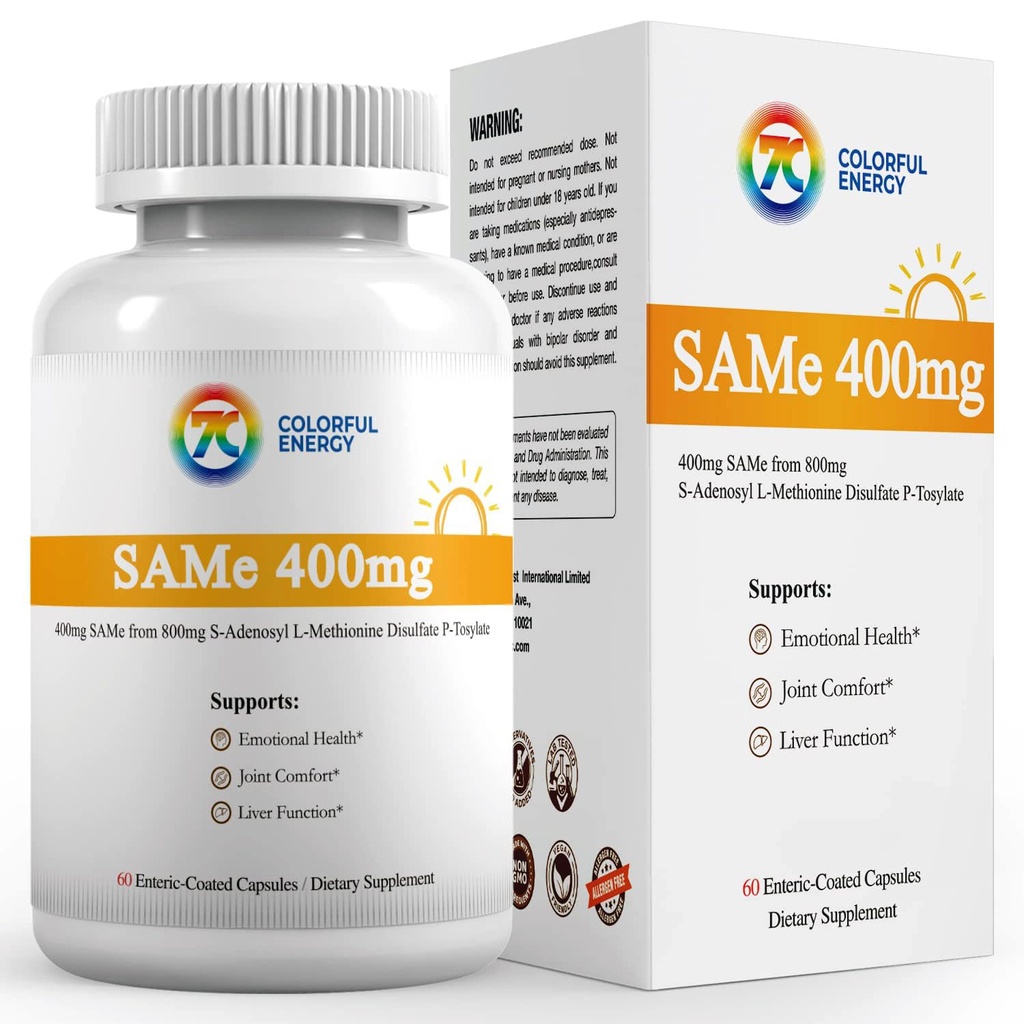 7c Sam e 400mg Supplement (S-Adenosylmethionine), Vitamin B6, B12 Added to Enhance Sam-e Effectiveness, Mood and Joint Comfort, Vegan, Non-GMO, Gluten-Free, 60 Enteric Coated Capsules