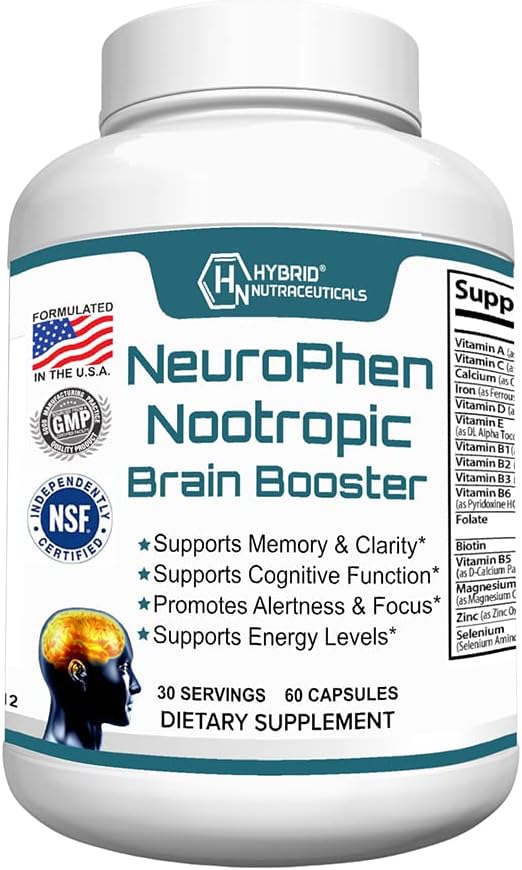 Hybrid Nutraceuticals NeuroPhen Nootropics Brain Booster Supplement - Focus Supplement, Memory Supplement for Brain with Bacopa Extract, Fosfatidilserin, Huperzin A - 60 kapsul