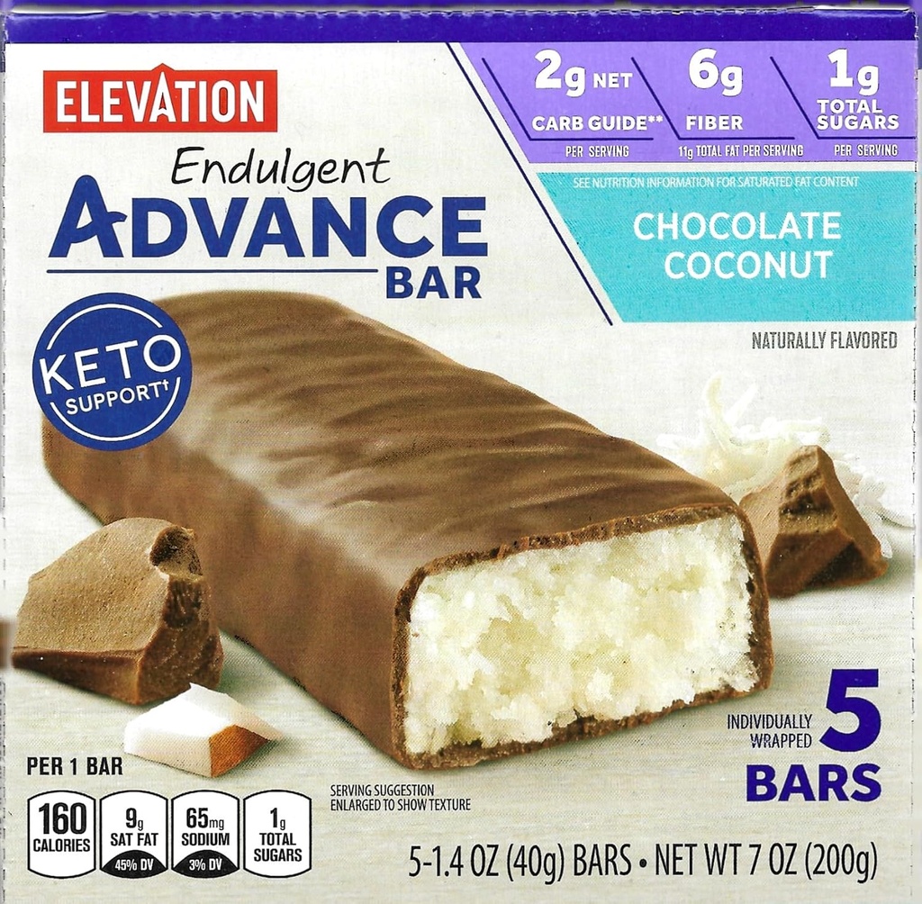 Millville Elevation Advance Chocolate Coconut Bars, Carb Conscious, 5g Proteine, cu rețete. O cutie de 5, 1.4oz înfăşurate individual bare. Bundle include 2 rețete, 5 bare.