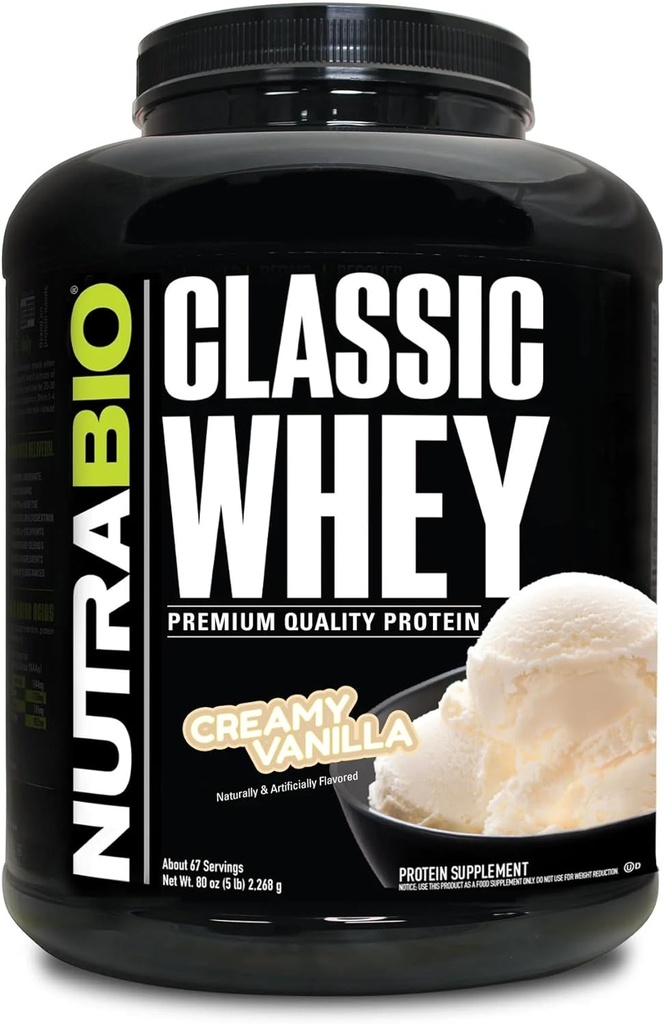NutraBio Classic Whey Protein Powder- 25G Protein Per Scoop - Full-Spectrum Amino Acid Profile - No Fillers, kunstlikud värvid, säilitusained - Madal glükeemiline indeks - Creamy Vanilla, 5 naela
