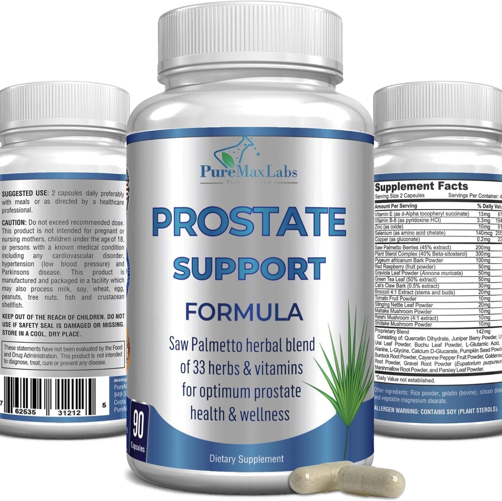 Prostate Support Formula for Men - Saw Palmetto, Plant Sterol, 33 Herbs, Bladder Control Pills para reducir a urinación frecuente e bloqueo DHT para previr a perda de cabelo | Suplemento de próstata | 90 cápsulas