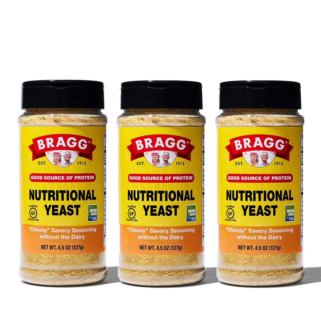 Bragg Nutritional Yeast Seasoning – Vegan, Gluten Free Cheese Flakes – Good Source of Protein & Vitamins – Nutritious Savory Parmesan Cheese Substitute – Non GMO Verified, 4.5 ounce, 3-Pack