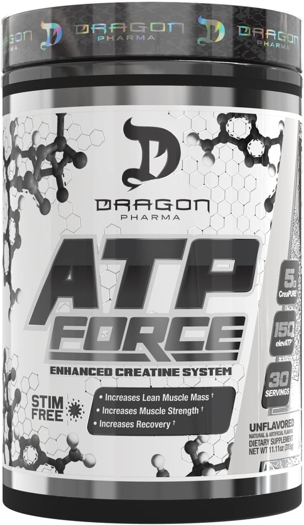 DRAGON PHARMA ATP Force Enhanced Creatine System, Stim-Free, Aumentare la massa muscolare magra e recupero, 5 Grammi di CreaPure, Migliora il flusso sanguigno (30 Serve, non aromatizzato)