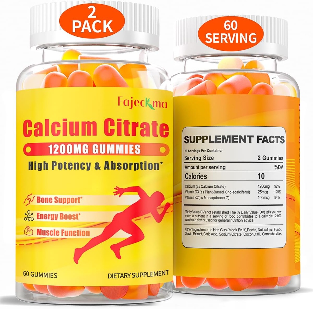 1200mg Calcium Citrate Gummies for Adult: Sugar Free Vegan Vitamin Supplement with D3 K2 - Women Men High Absorption Supplement for Bone Teeth (60 Count(Pack of 2))