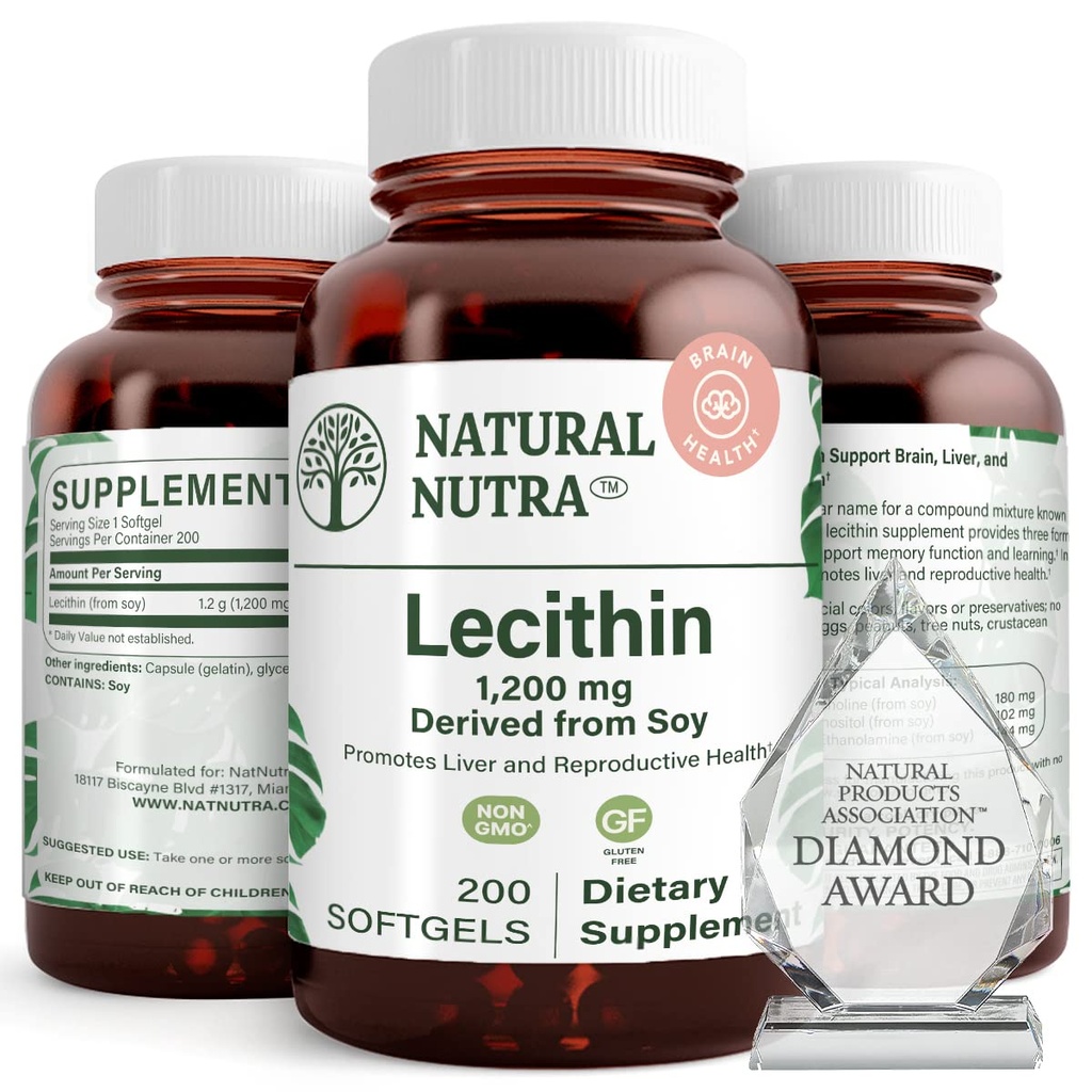 Natural Nutra Soy Lecithin 1200 mg Dietary Supplement - Brain Function, Liver Health, Improve Procreant Health, Boosting Supplement - Gluten-Free, BPA-Free, 200 Softgels in Recyclable Glass Bottles