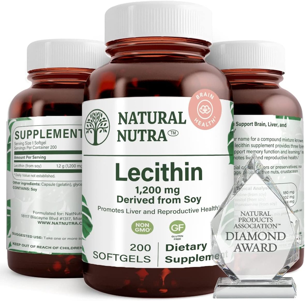 Natuurlijke Nutra Soy Lecithin 1200 mg Dieetsupplement - Hersenfunctie, Lever Gezondheid, Verbeter Procreant Health, Boosting Supplement - Glutenvrij, BPA-vrij, 200 Softgels in Recyclebare glazen flessen