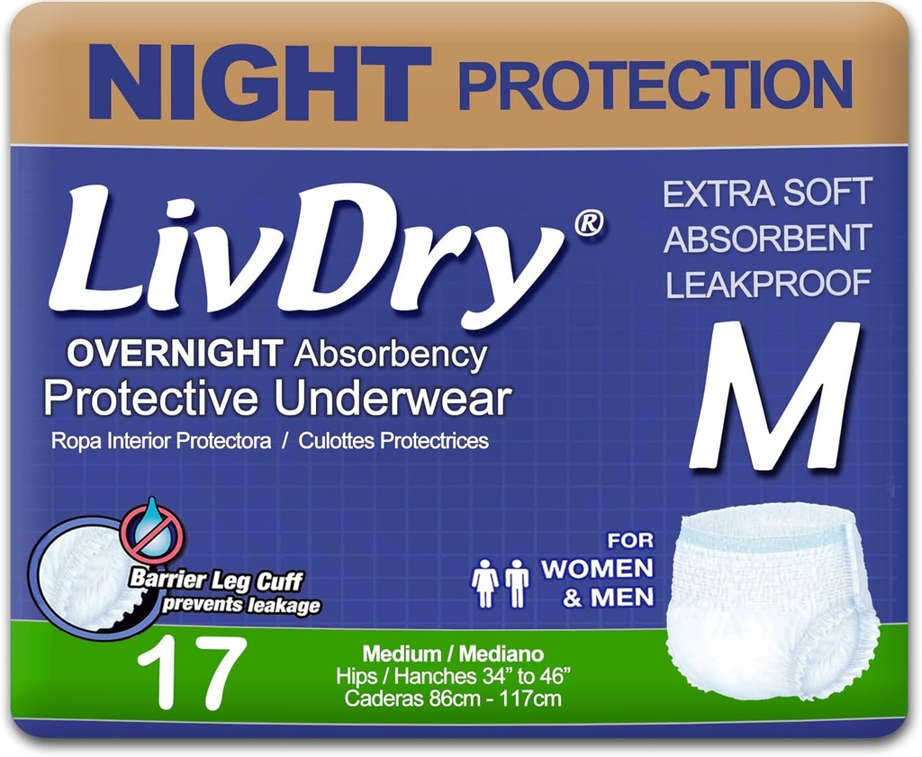 Livdry Dospělý M Inkontinence Spodní prádlo, Přes noc Comfort Absorbence, Ochrana proti leak, střední, 17- Pack