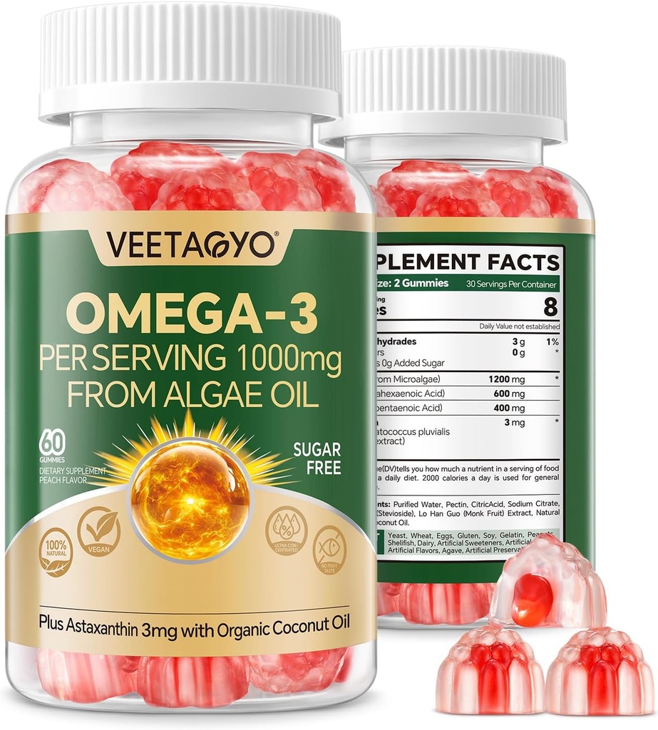 Vegan Omega 3 Gummies 1200mg - Dual Layer - Fish Oil Alternative, Marine Algae Omega 3 Supplement DHA 600mg, EPA 400mg Astaxanthin,Sugar Free,60 Cts