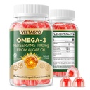 Vegan Omega 3 Gummies 1200mg - Dual Layer - Fish Oil Alternative, Marine Algae Omega 3 Supplement DHA 600mg, EPA 400mg with Astaxanthin,Sugar Free,60 Cts