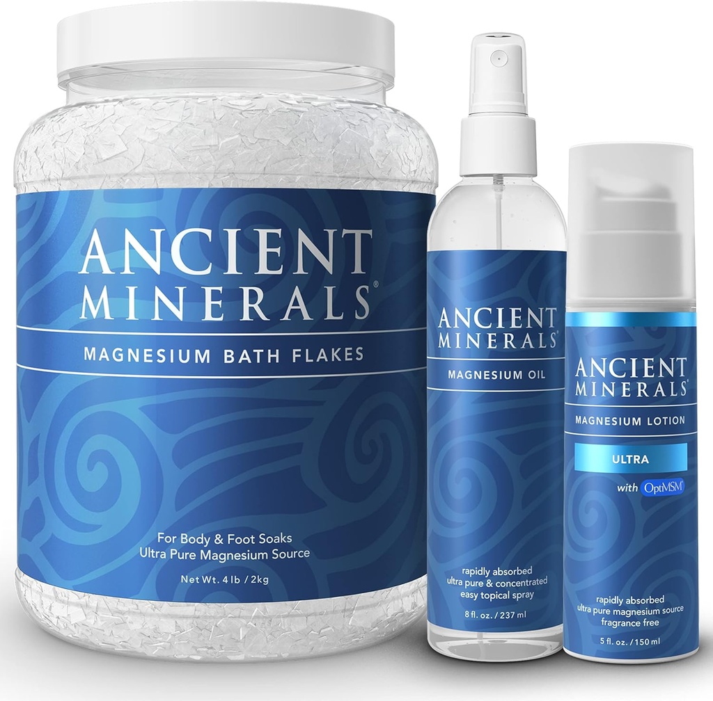 Ancient Minerals Magnezu płatki do kąpieli - Magnezu oleju Spray i olejku Ultra z MSM - Wysoka efektywność absorpcji dla relaksacji, Wellness & Relief mięśni