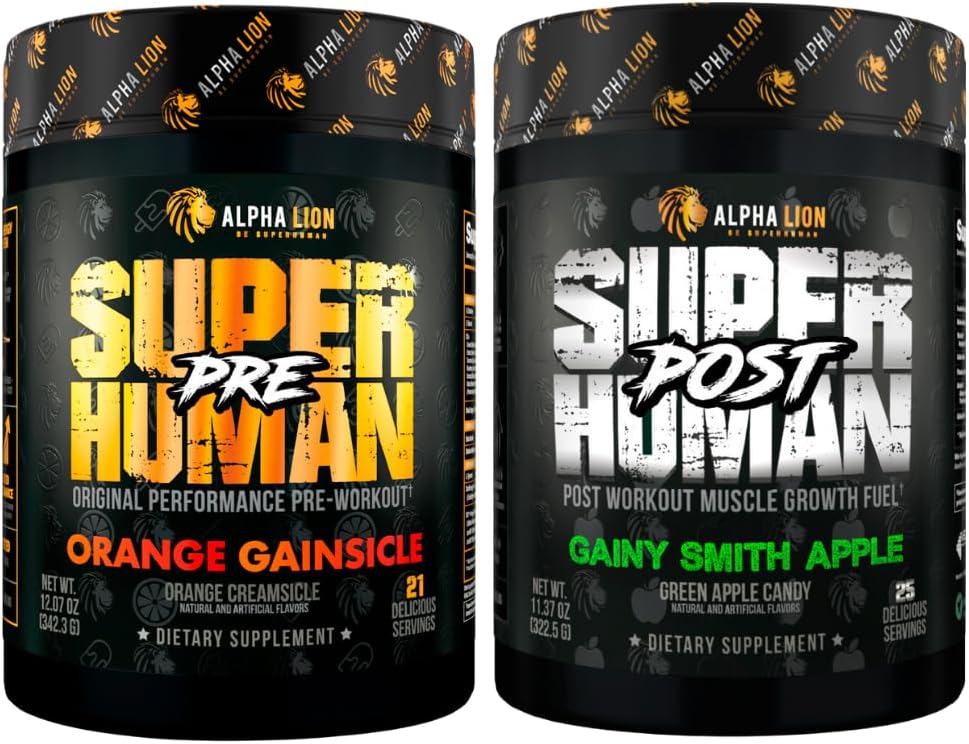 ALPHA LION Superhuman Pre Workout אבקת & Post Workout Recovery Bundle, Sustained Energy & Focus + Lean שריר צמיחה, כוח וכרך (Hulk Juice & Gainy סמית אפל)