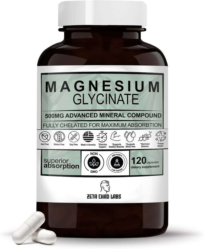 Magnesio Glycinate - 500 mg, 120 capsule, 4 mesi di alimentazione, Supporta il sollievo dallo stress, sonno, salute del cuore, nervi, muscoli, metabolismo* Vegan, 3 ° partito testato, senza glutine, non OGM da Zeta Chad Labs