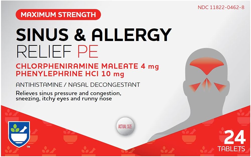 Rite Aid Sinus & Allergia Relief PE tabletid, maksimaalne tugevus - 24 Count | Antihistamiin ja nina dekongestant | 4 tunni allergia ravim | Allergia ja ummikute leevendamine