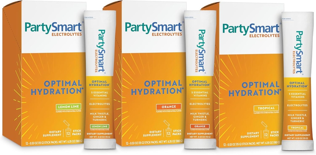 Himalaya PartySmart Electrolytes, Flavor Variety Pack - wspomaga optymalne nawodnienie witaminą C, B12, B6, Niacyną i cieśniną mleczną - wegan, Gluten Free, 1330 mg 3 Key Electrolytes per Serving