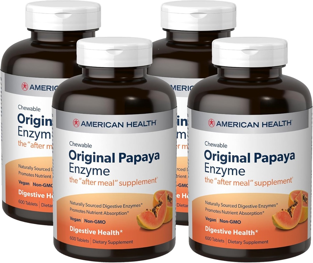 American Health Original Papaya Enzyme - 600 дъвчащи таблетки, пакет от 4 - The After-Meal Addition - Non-GMO, Vegen - 800 Общо обслужване
