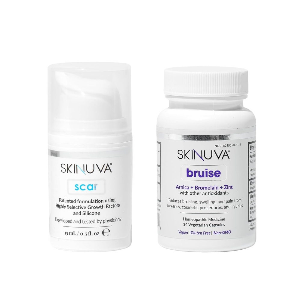 Skinuva® Scar (0.5 oz) & Bruise (14 קפסולות) - Advanced Silicone Cream פורמולה עם Growth Factors & Homeopathic Bruise Remedy פורמולה עם Arnica, Bromelain & Zincated