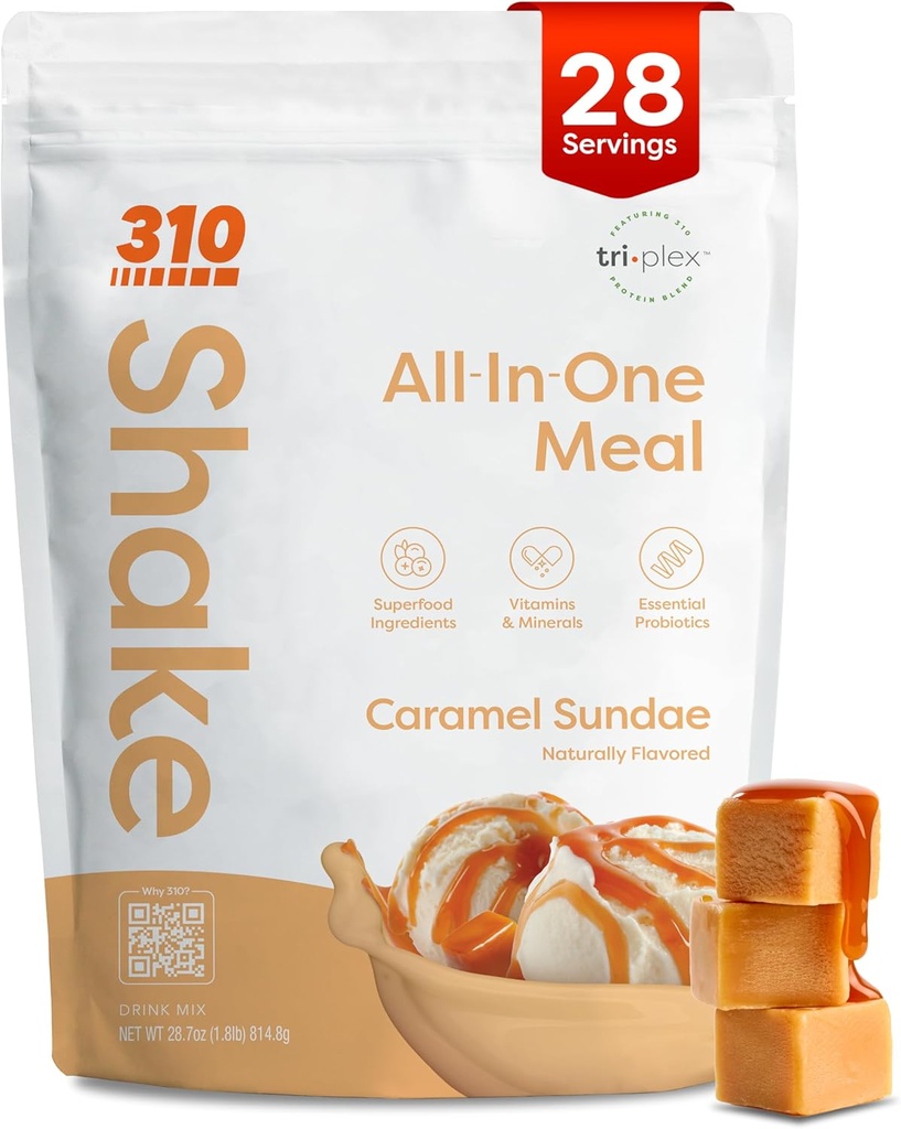 310 Elikadura All-In-One Ordezko Shake Hauts - Landareetan oinarritutako proteina Smoothie nahasketa w/High Fiber, Probiotikoak eta Adaptogens - Behe Carb, Vegan, Keto & Paleo Friendly - Caramel Sundae - 28 Srv