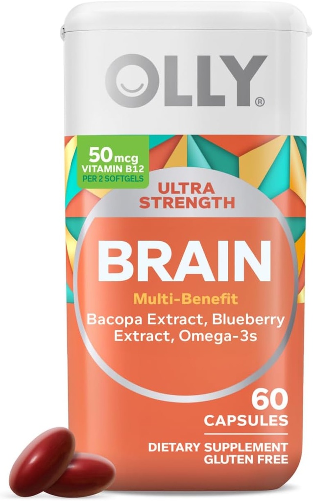 OLLY Ultra Strength Brain Softgels, Nootropic, 건강한 두뇌 기능, 기억, 초점 및 농도, Omega-3s, 비타민 B6 및 B12, 30 일 공급 - 60 조사