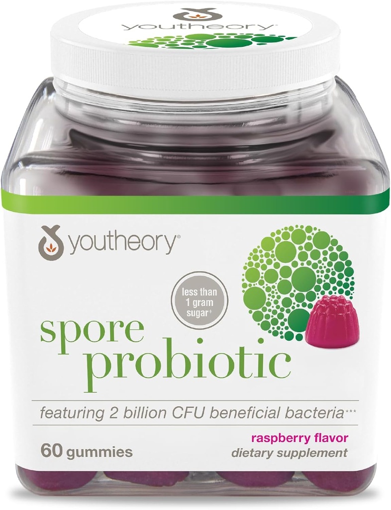 Youtheory Spore Probiotic - Vegan Gut & Digestive Support* - Contine Bacillus Coagulans - Dairy, Soy, & Gluten Free - 60 Gummies