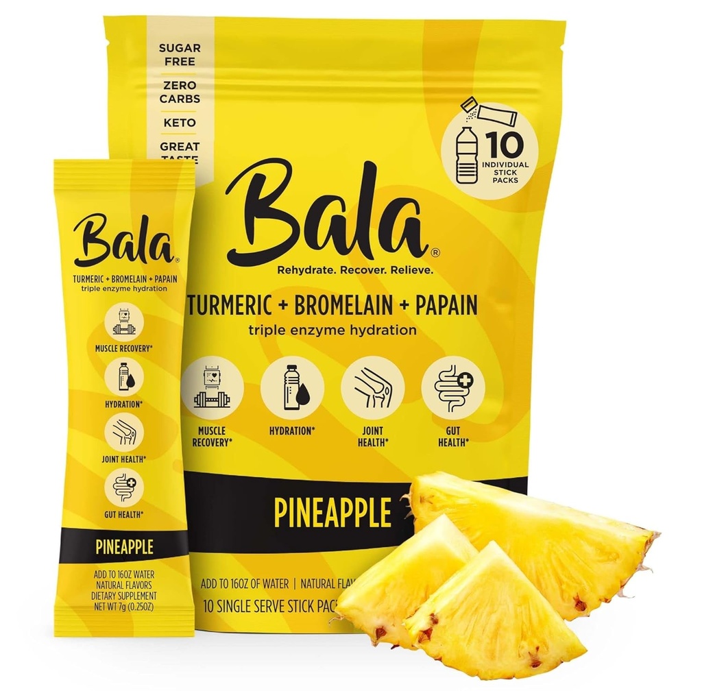 Bala Enzyme Hydration & Sugar-Free 음료 혼합 - Turmeric, Bromelain, Papain, Immunity, Mobility - 파인애플 0.25oz (10 개)