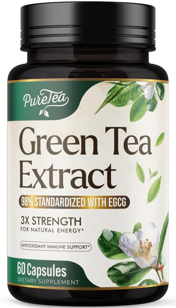 Green Tea Extract 1000mg Per Serving - 98% Polyphenols & 45% EGCG Capsules, Heart Support with Antioxidants - 3X Absorption Green Tea Pills Supplement, Natural Energy, Gentle Caffeine - 60 Capsules