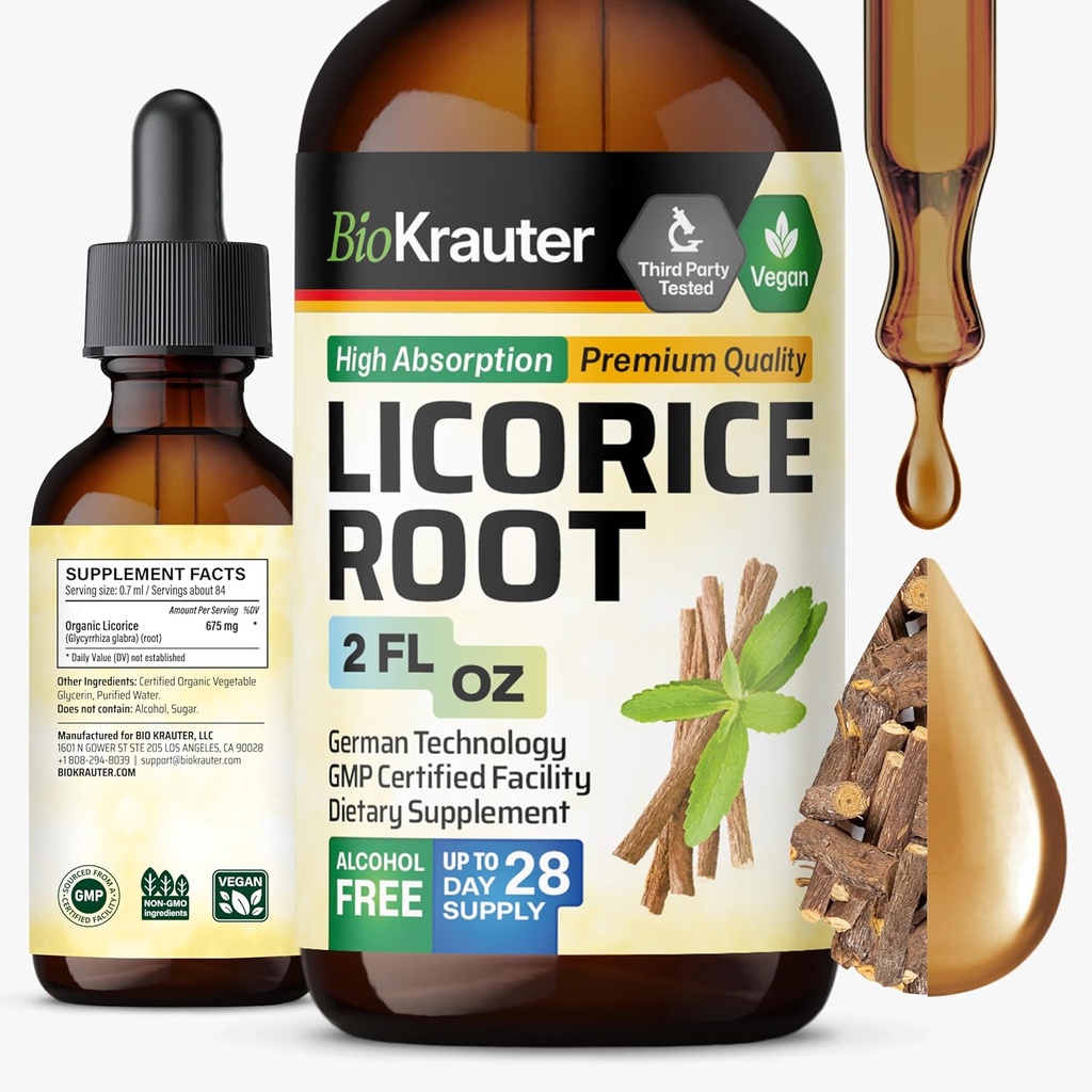 BIO KRAUTER Licencice Root Tincture - Licencice Root Extract for Digestive Support - Alkoholio ir cukraus nemokamai - Vegan Drops 2 Fl.Oz.