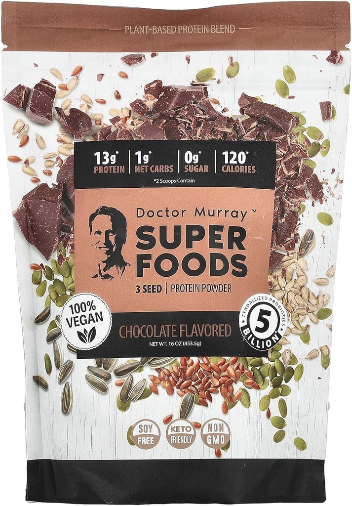 Dr. Murray 's Super Foods, 3 Seed Protein Powder, Pumpkin + Flax + Slunečnice, čokoláda, 16 oz (453.5 g)