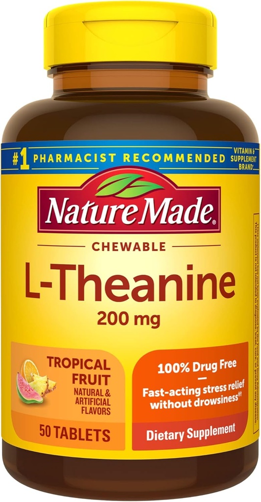 Nature Made Chewable L Theanine 200mg, 스트레스 완화를위한 L-Theanine 보충, 50 Chewable 정제, 50 일 공급