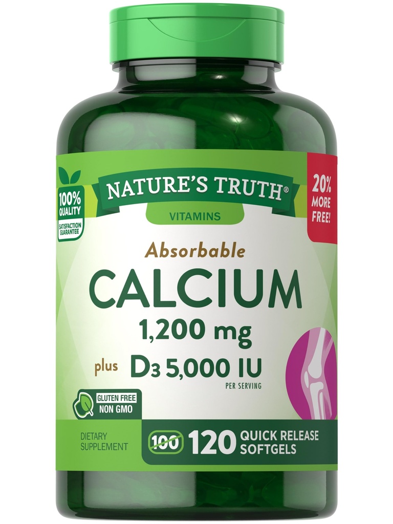 Nature's Truth Calcium 1200 mg Plus Vitamin D3 5000 IU Supplements, 120 Count (Pack of 3)