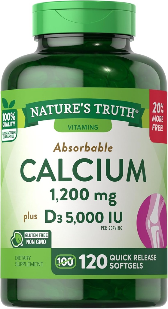Naturens Sanning Kalcium 1200 mg Plus Vitamin D3 5000 IE Tillskott, 120 Räkna (Pack av 3)