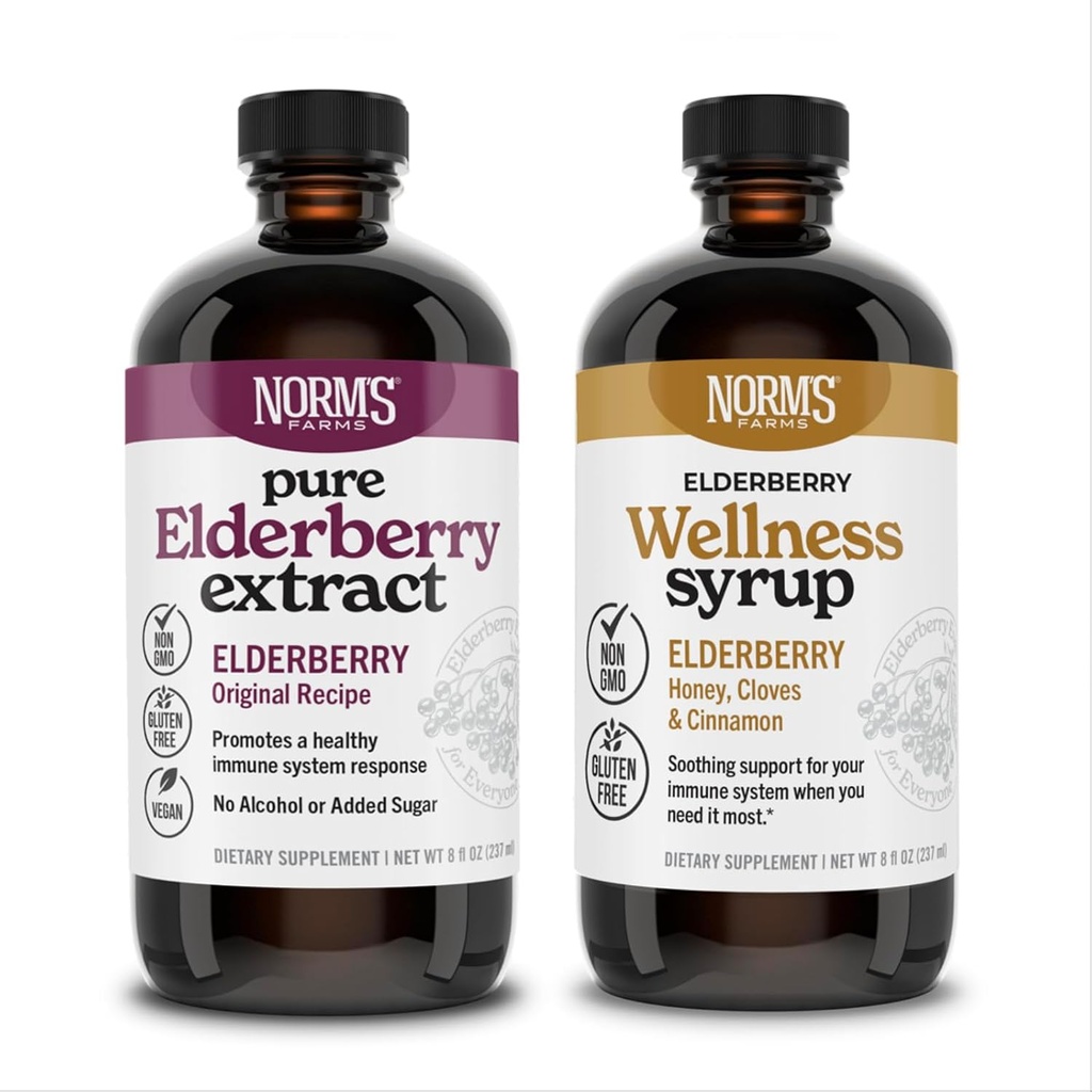 Normas Elderberry extraven & Béruption 2 PK - Imune support Elderberberberry Siupt per a nens i adults - que van fer als EUA, Pur, Potent, Ingredients Natural, Vegan, Guten-Free, No-GMO - 8 Oz