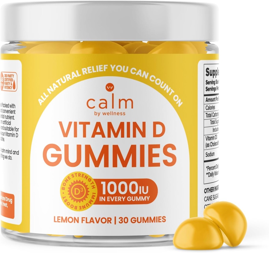 Calm על ידי ויטמין D Gummies למבוגרים, ויטמין D3 מסטיקמי, ויטמינים עבור העצם ומערכת החיסון תמיכה, לימון פלמור, 30 הרוזן