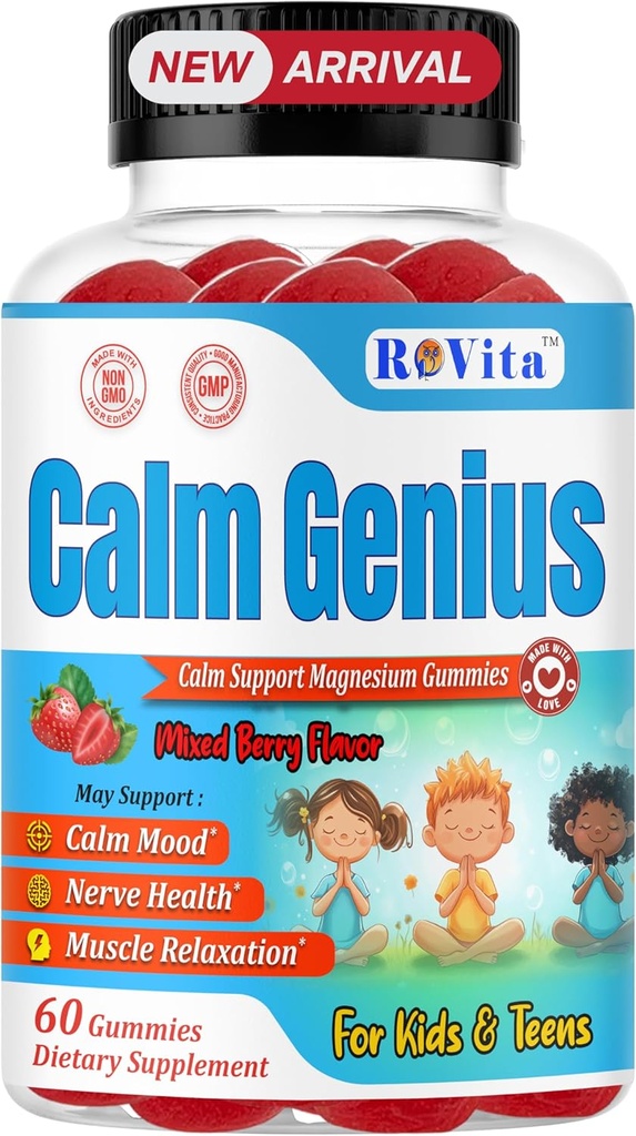 Calm Genius Kids Magnesium Gummies - Calm & מרגיעה תוסף לילדים - תמיכה בשינה, בריאות העצם ושרירים - Magnesium Citrate Gummies - 60 Count, 2 חודשים אספקה