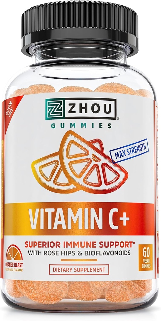 Zhou Vitamine C+ Gummies - Vitamine C Gummies voor volwassenen en kinderen, 270 mg per Gummy met Bioflavinoïden en Acerola voor Immune Support - 60 Vegan Gummies