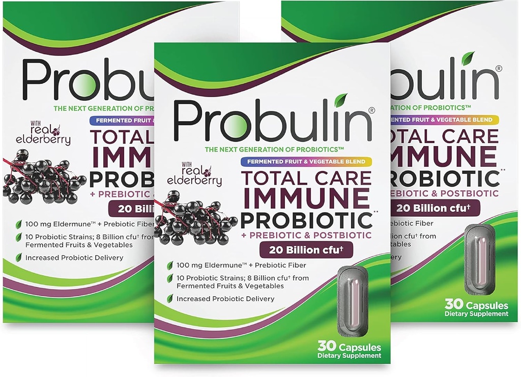 Probulin Total Care Immune = Prebiotics + Probiotics + Postbiotics + Elderberry to Support Immune & Gut Health - 20 Billion CFU - 10 Strains - 30 Vegan 캡슐 (포장 3)
