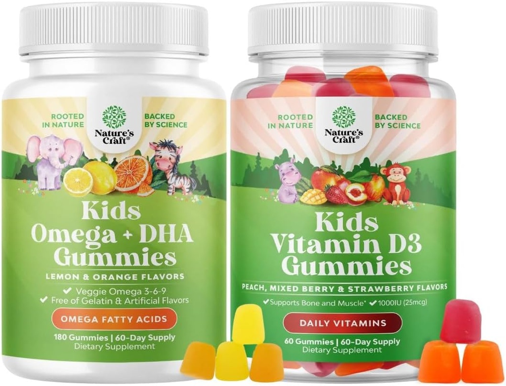 Bundle of Omega DHA Gummies for barn - Fatty Acids Omega 3 6 9 - Vitamin C for hjerne, immunisme og visjon og vitamin D Gummies for barn - 1000 IU Per Serving - Immunstøtte Muskel tenner & Bein helse