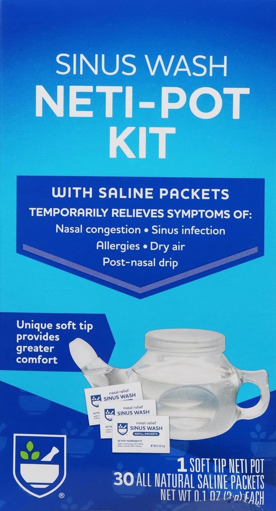 Rite Aid Neti Pot Nasal Rinse Kit with 30 Salt Packets - 1 키트 | 성인 및 어린이를 위한 Sinus Rinse | Sinus Relief