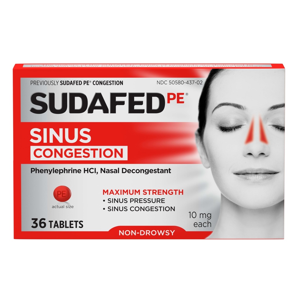 Sudafed, PE Sinus Congestion Relief Tablets, Maximum Strength, Non-Drowsy 10 mg Phenylephrine HCI Decongestant for Sinus Pressure and Nasal Congestion Relief, Due to Cold or Allergies, 36 Count