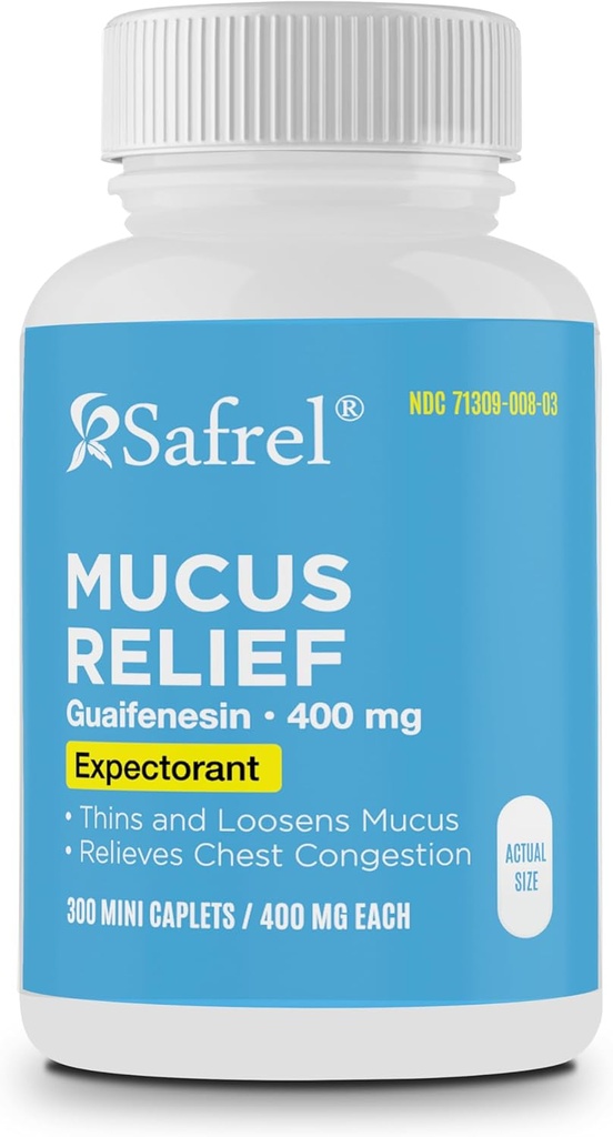 Safrel Pharma Mucus Relief Guaifenesin 400 mg - Fast Acting Expectorant, Thins and Loosens Mucus, Relieves Chest Congestion, Cough, Cold and Flu | (300 Count (Pack av 1))